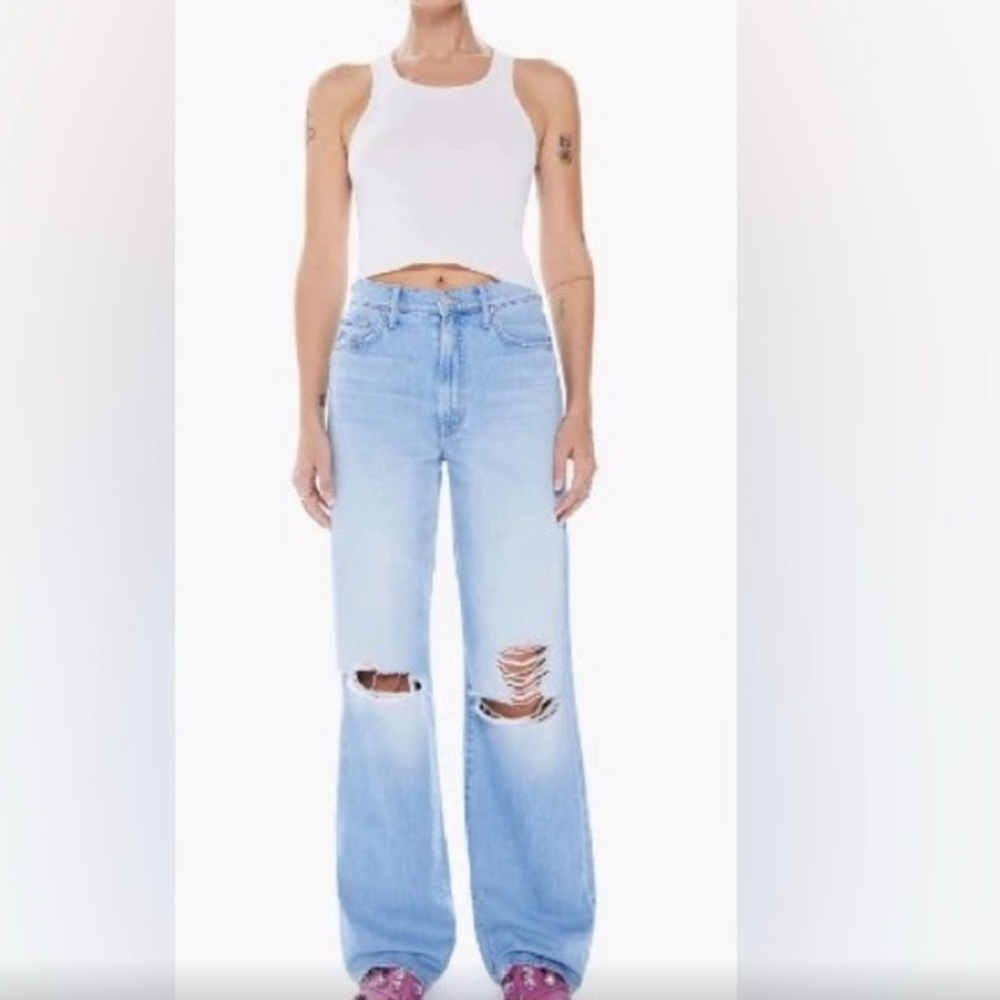 MOTHER Light Blue Distressed Wide Leg Jeans